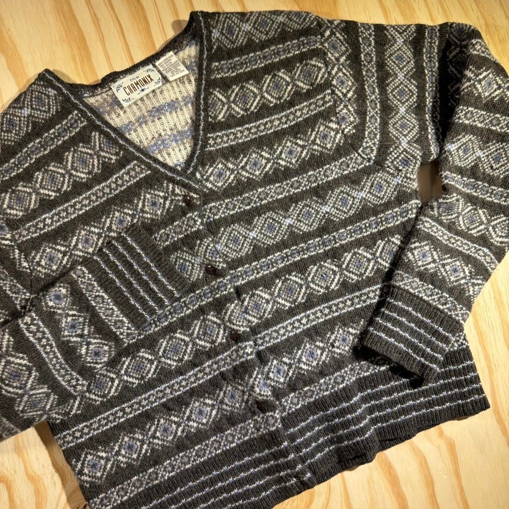 Pres de Chamonix Fair Isle Cardigan XL Grey Lambswool Angora V-Neck Sweater
